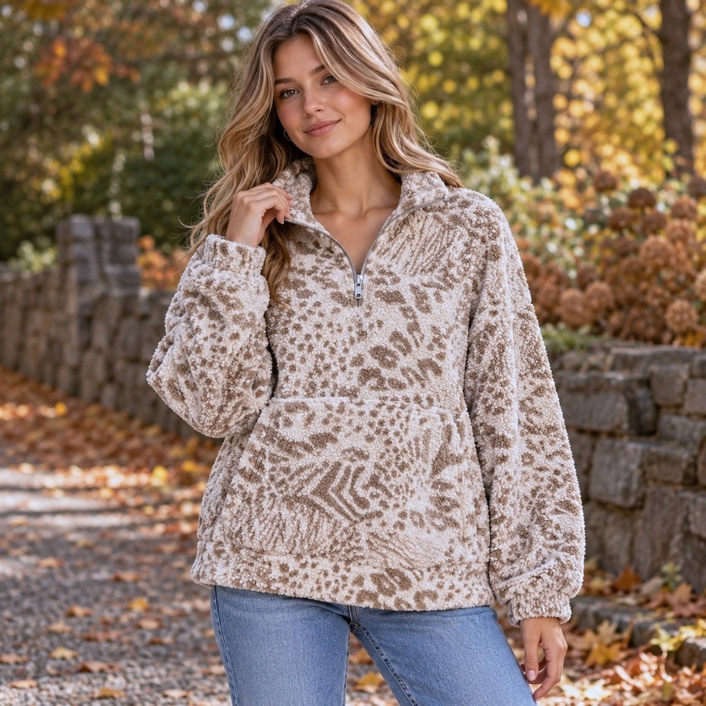 American Eagle‎ Womens Sherpa Fleece Quarter Zip M Cozy Cabin Granola Gorpcore